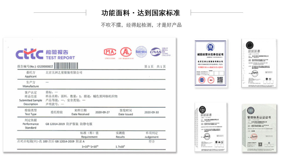 夏季牛仔工作服資質(zhì)證書和面料